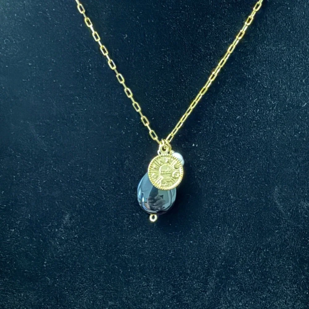 Mayamar 24K Gold Necklace w/ Onyx, Coin & Pearl Pendant | Boho Luxe‎